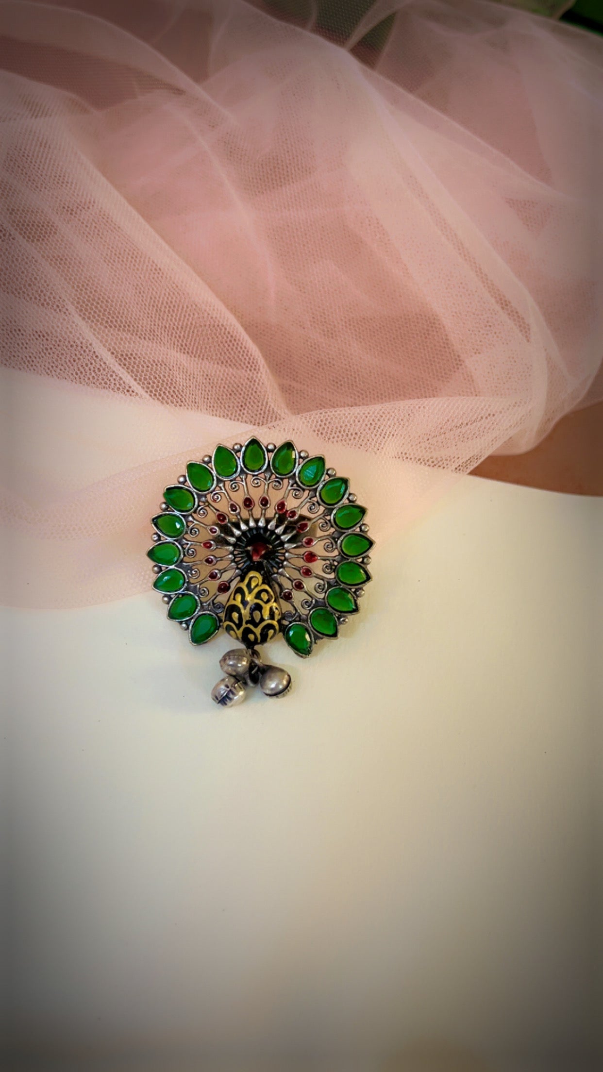 Green Yadavi Silver Ring