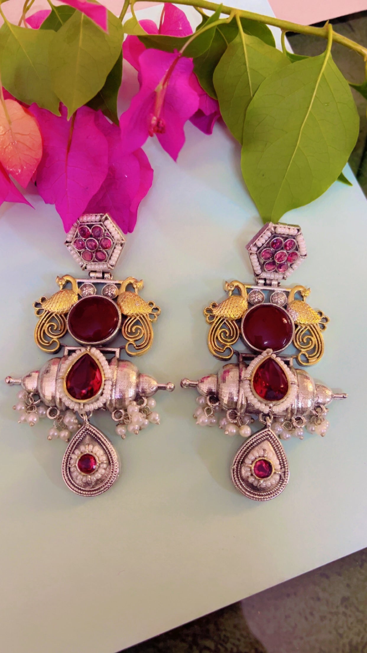 Red Trishika Silver Earring