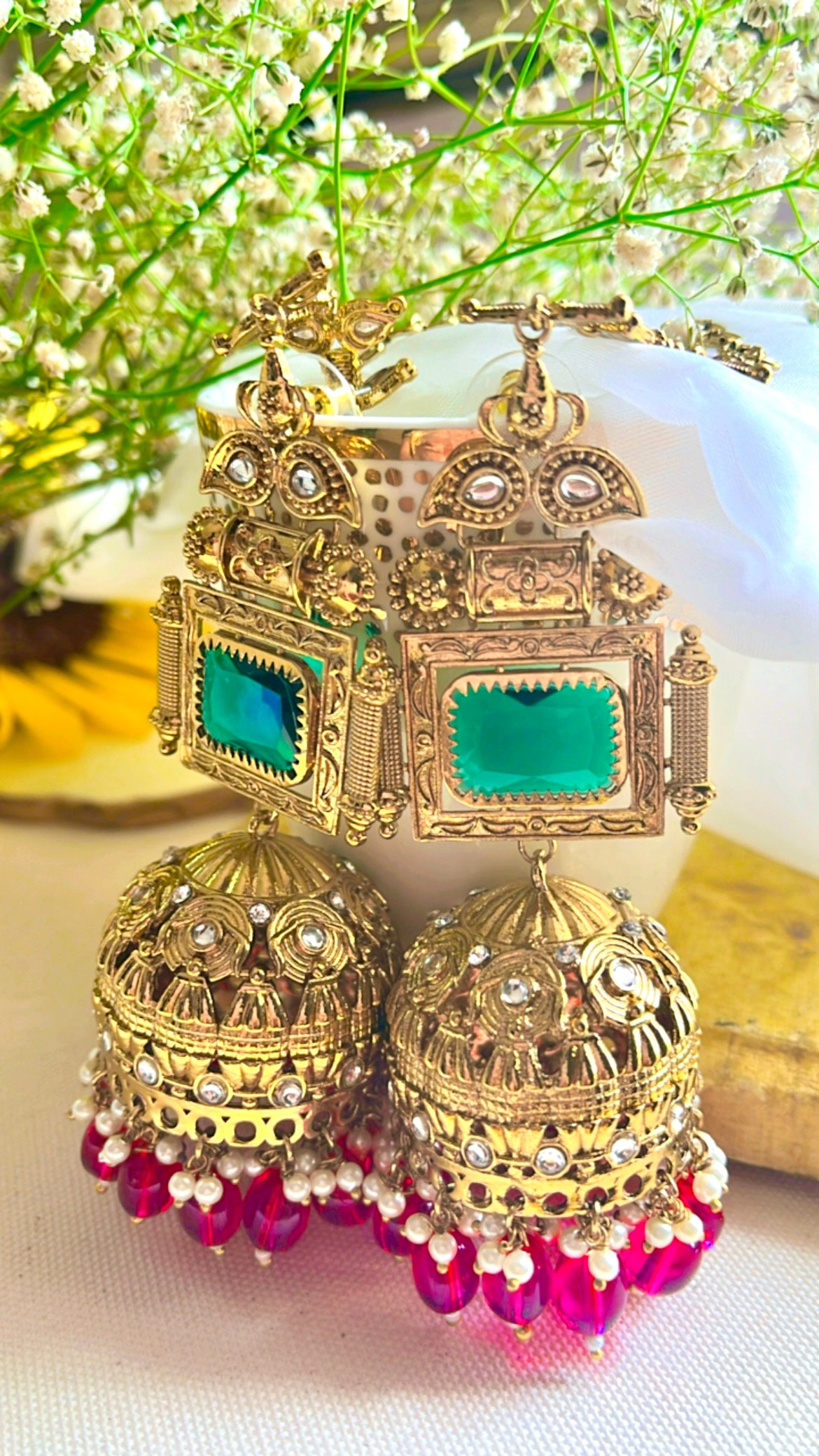 Green Damini Jhumka Earring
