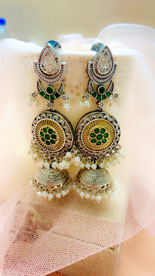Green Tusti Silver Jhumka Earring