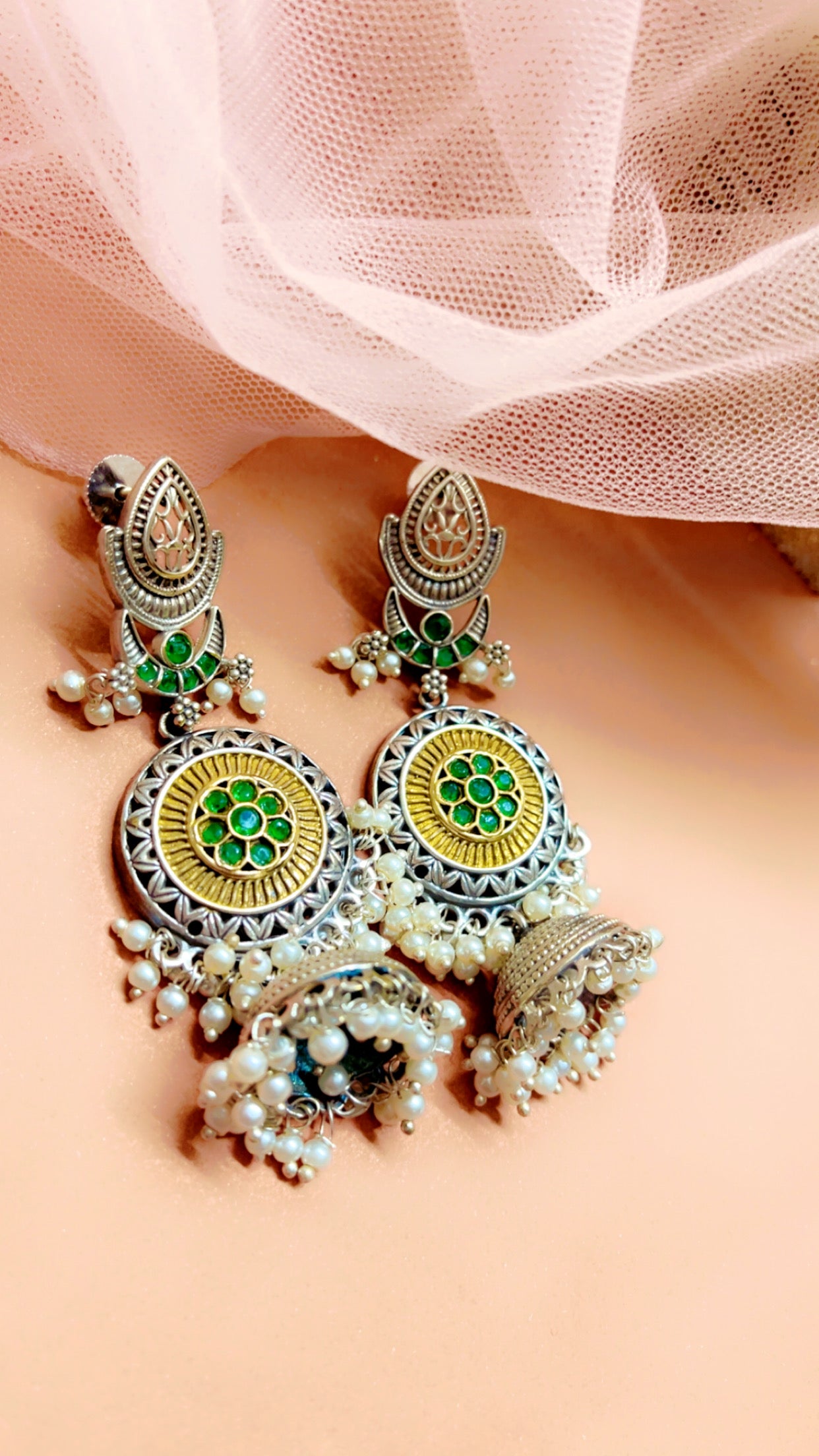 Green Tusti Silver Jhumka Earring