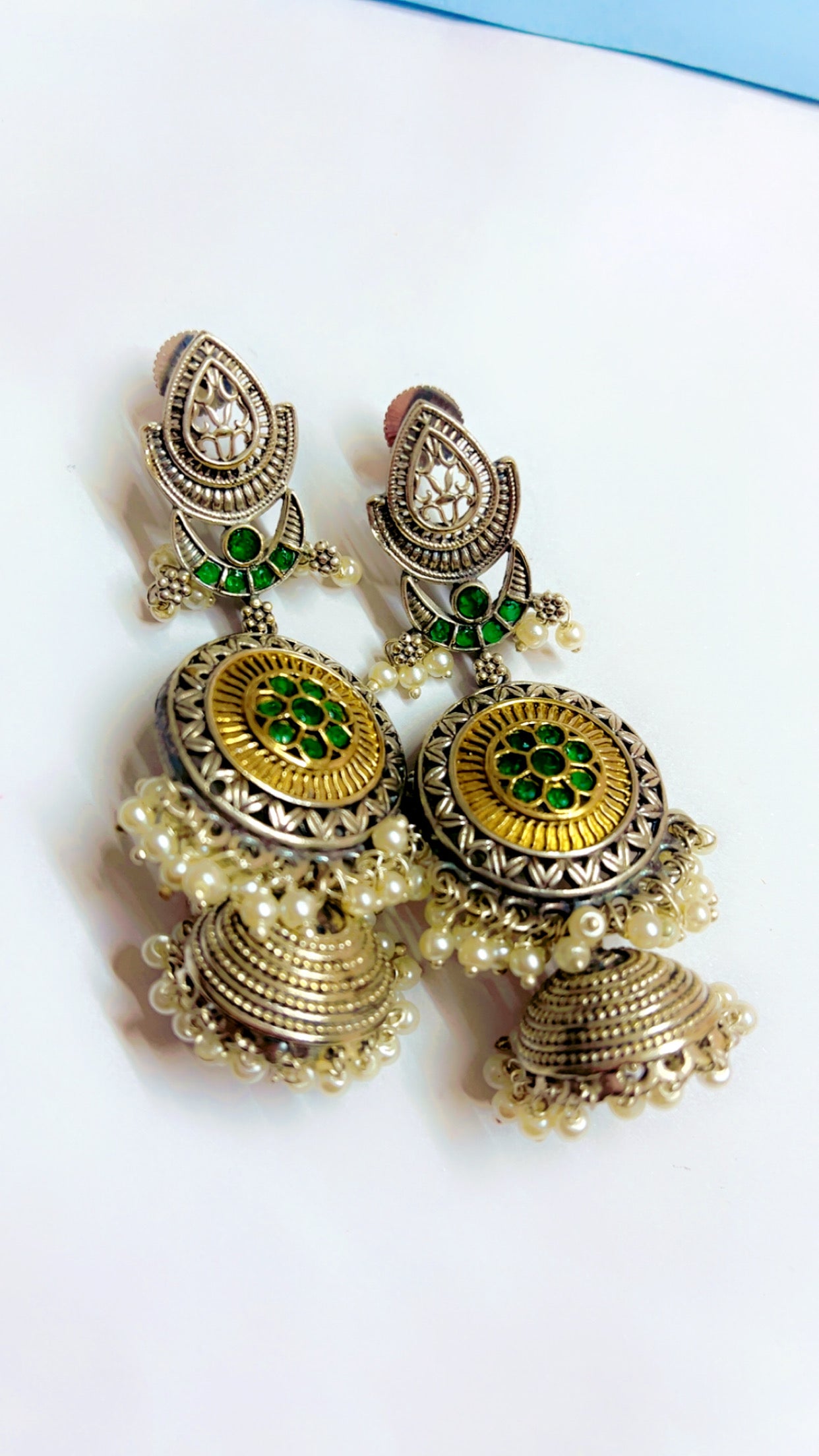 Green Tusti Silver Jhumka Earring
