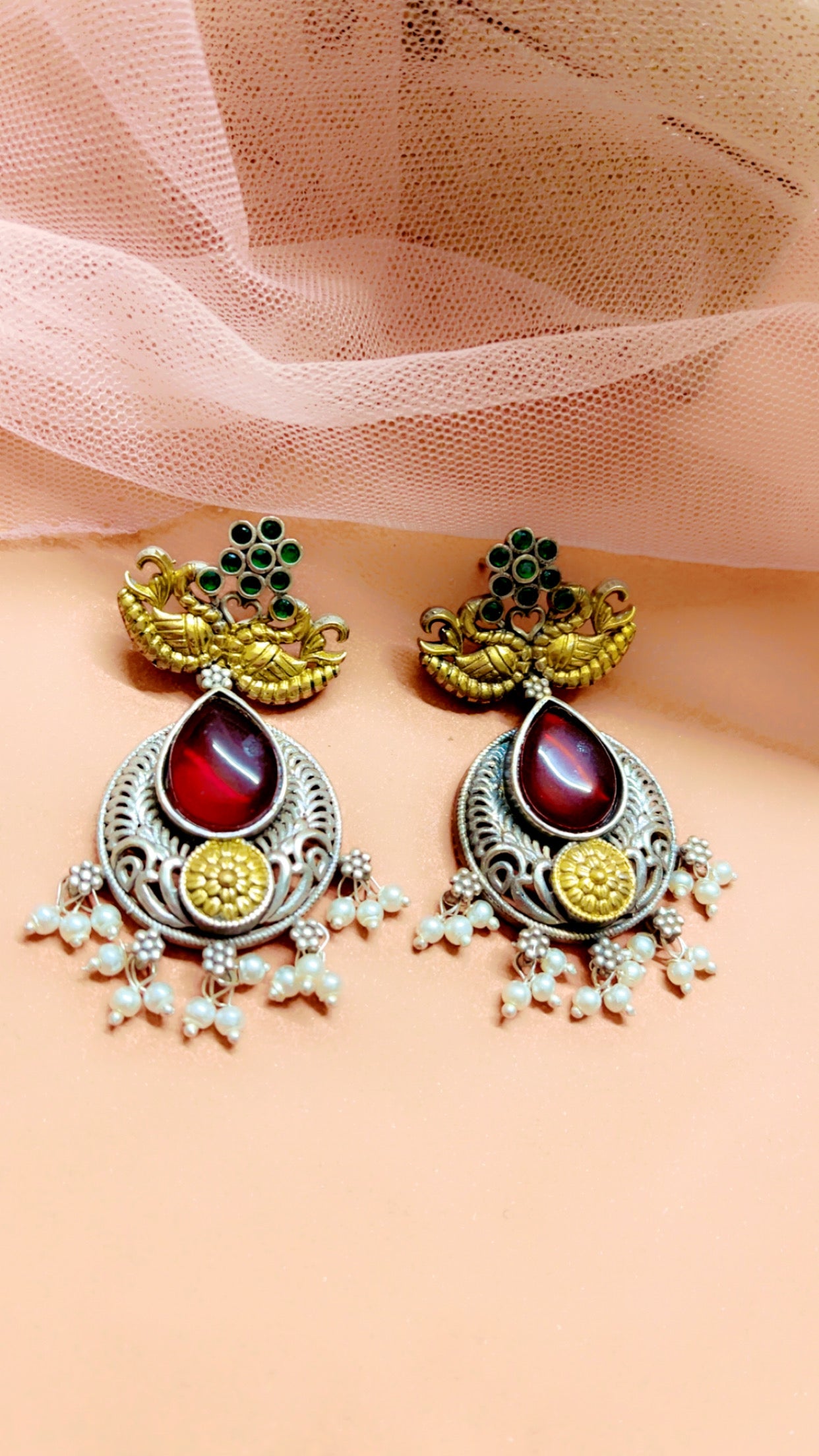 Red Jahnvi Silver Earring